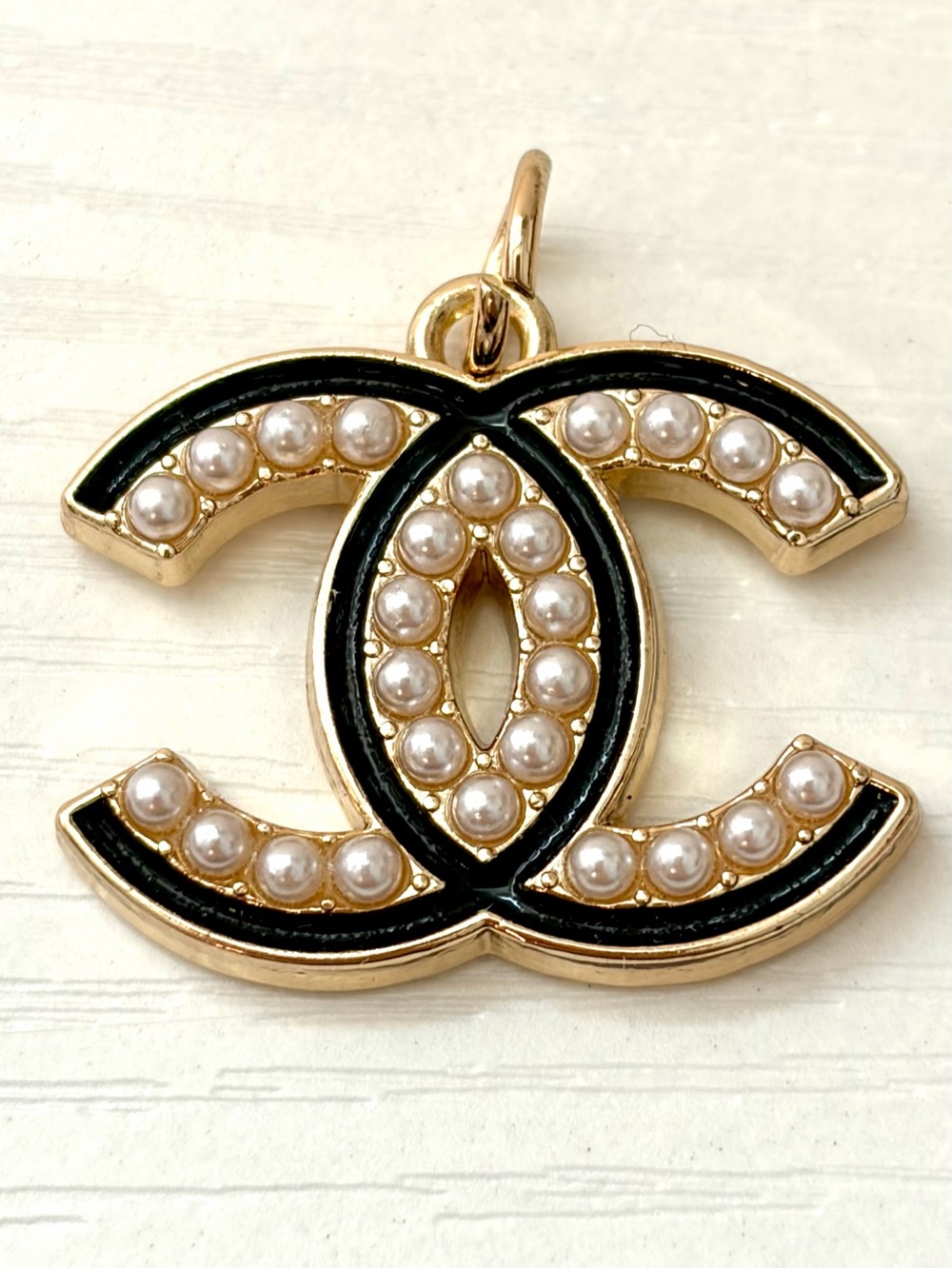 Black & Gold Chanel Enamel Pearl CC Monogram Charm Pendant